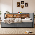 Daybed Sofa Bed 90x200cm 2 Drawers USB/Type C Storage - Linen Grey