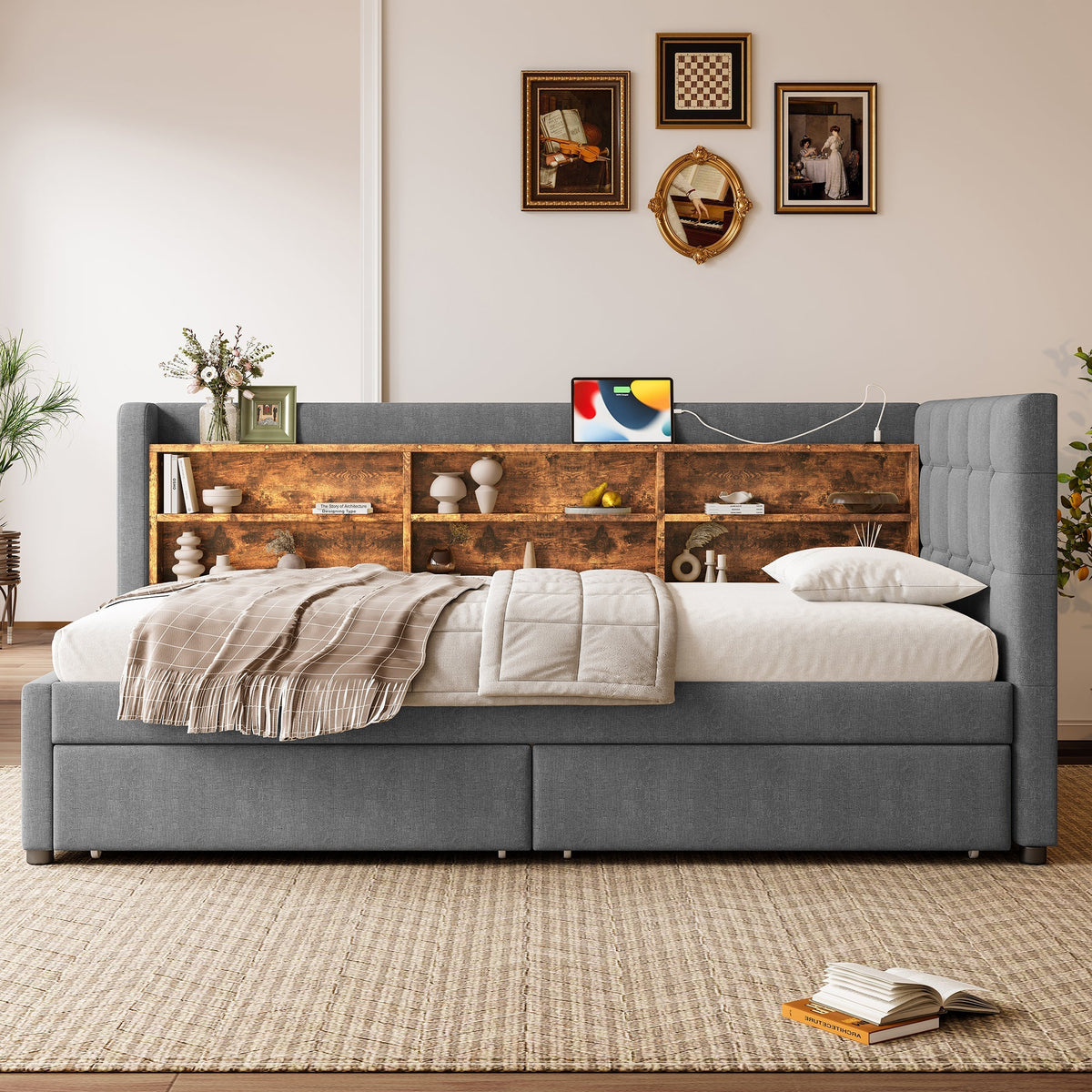 Daybed Sofa Bed 90x200cm 2 Drawers USB/Type C Storage - Linen Grey