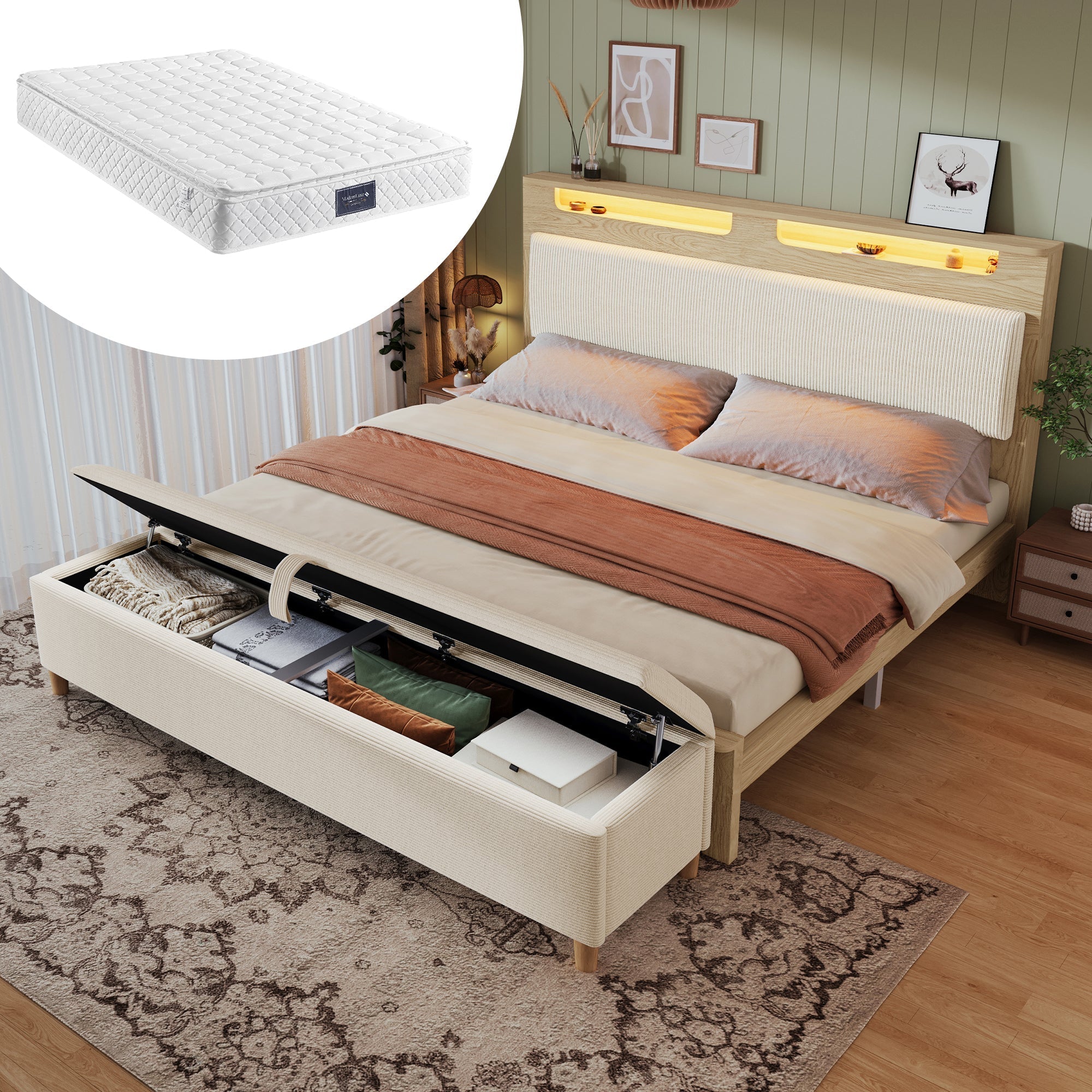 Wooden Bed 160x200cm with Bench, Storage Headboard & LED, Light Oak
