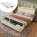 Double Wooden Bed 140×200cm, Storage Headboard, LED, Bed Bench, Light Oak/Beige Corduroy