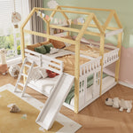 Children's House Loft Bed 90x200cm with Slide, White & Natural Wood