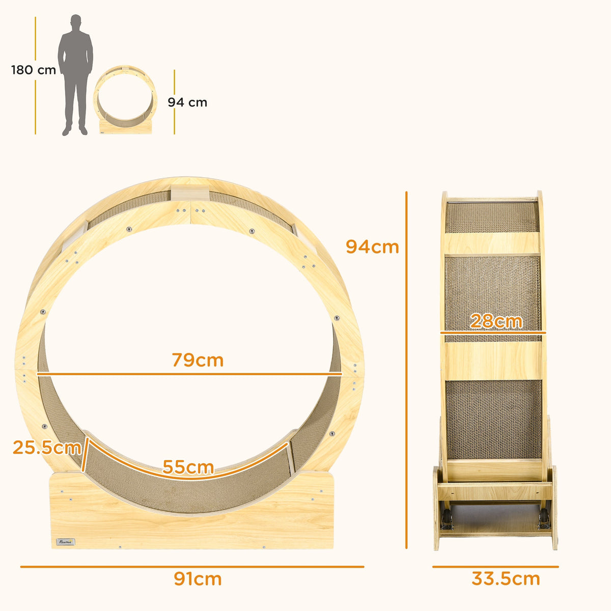 Cat Wheel, 91 cm, Brake & Scratching Board, Oak