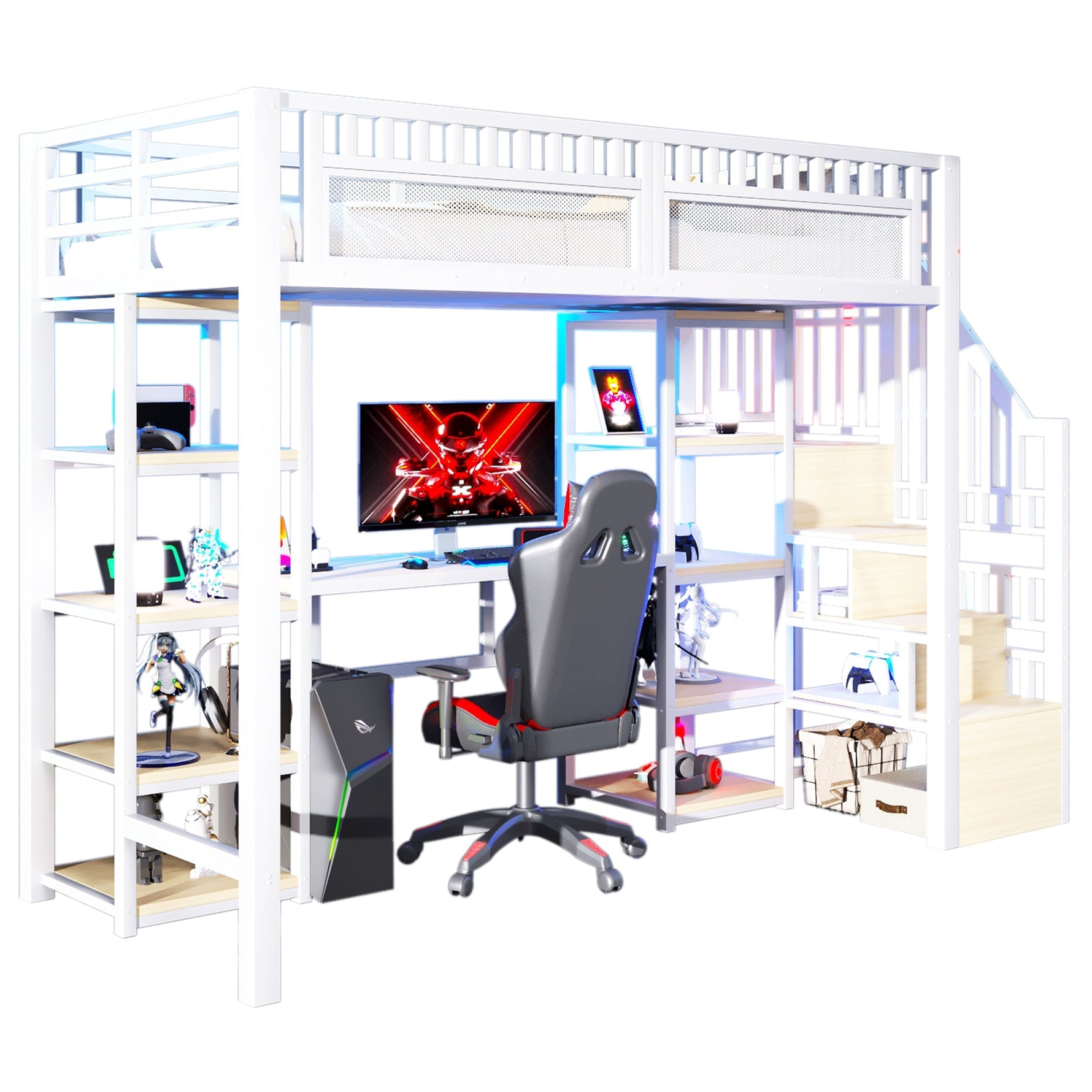 Loft Bed with Desk, Storage Ladder and LED Light Strip, White Metal Frame