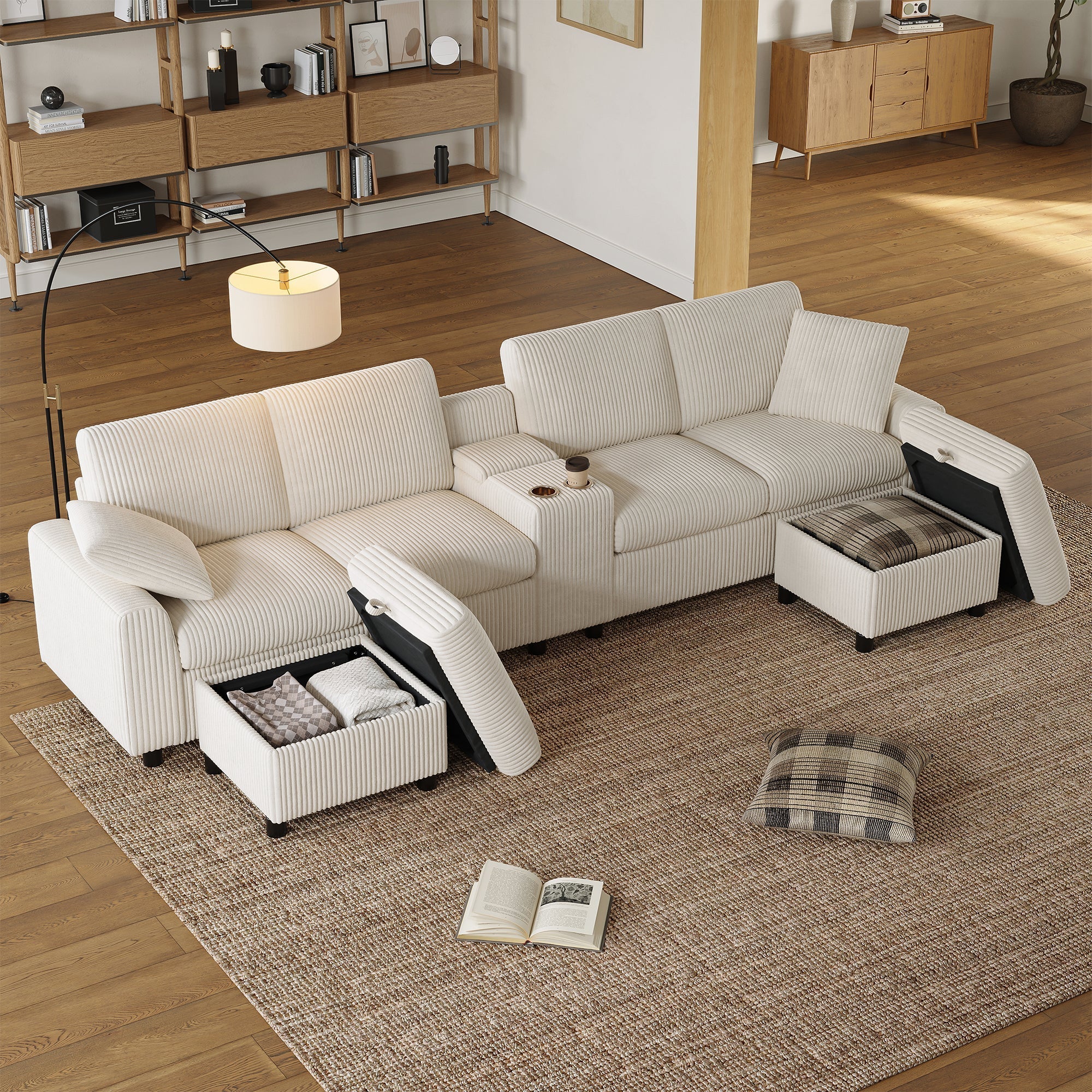 U-shaped Sofa with Storage Footstools, Coffee Table, USB/Type-C Ports, Beige Corduroy