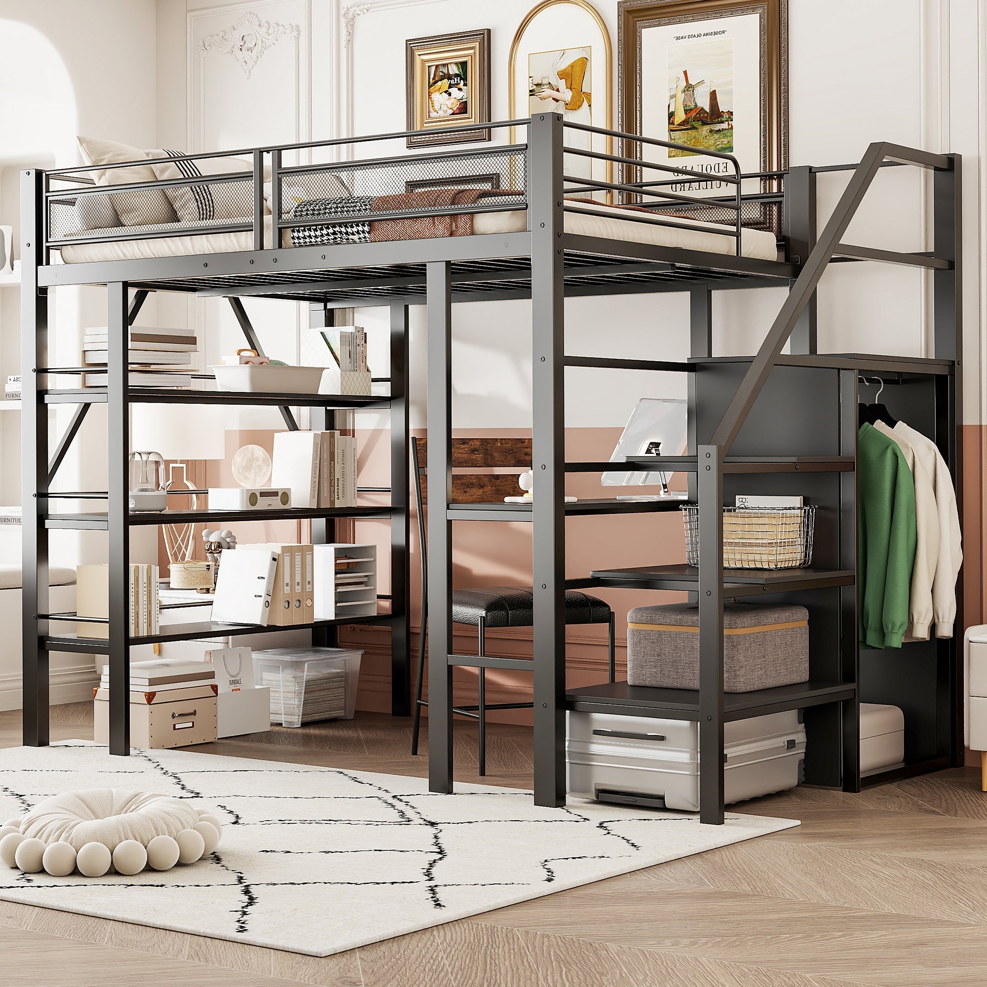 Loft Bed 140x200cm Storage Shelf Desk Wardrobe Iron, Black