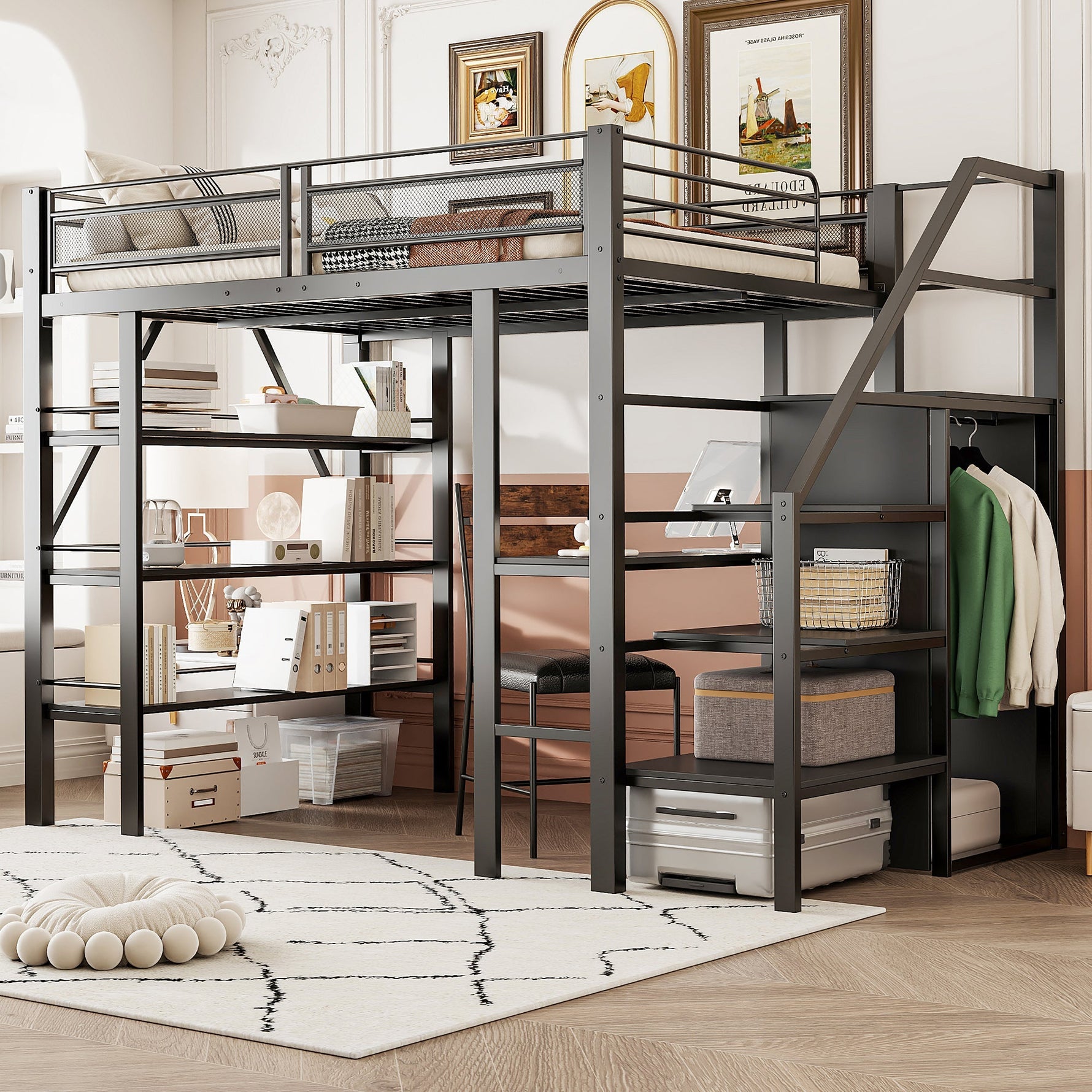 Loft Bed 140x200cm Storage Shelf Desk Wardrobe Iron, Black