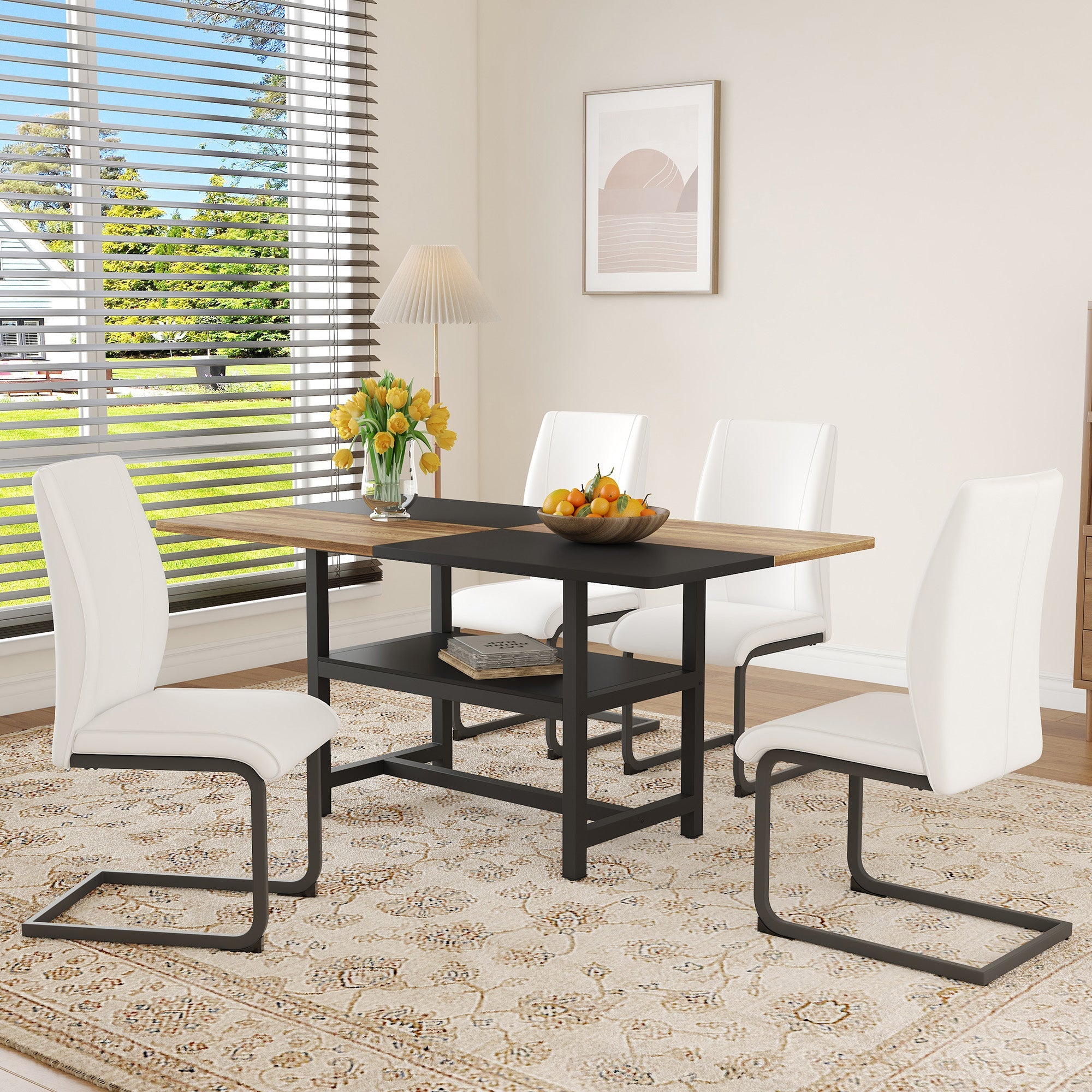 Table Set, Rectangular Dining Table with Storage Shelf and 4 Armchairs, White Faux Leather
