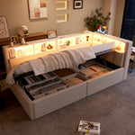 Daybed 90x200cm with Hydraulic Storage & LED, Beige Linen
