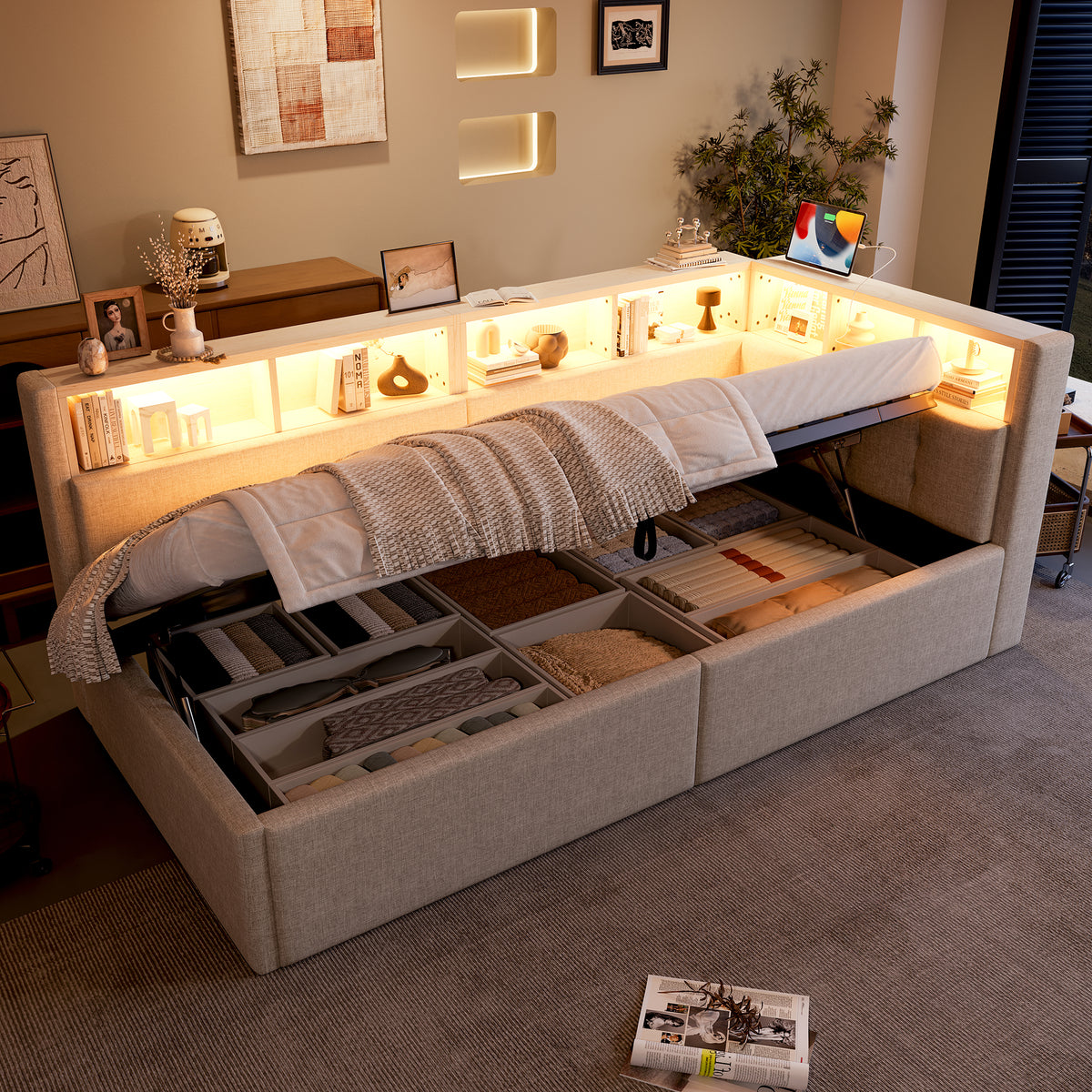 Daybed 90x200cm with Hydraulic Storage & LED, Beige Linen