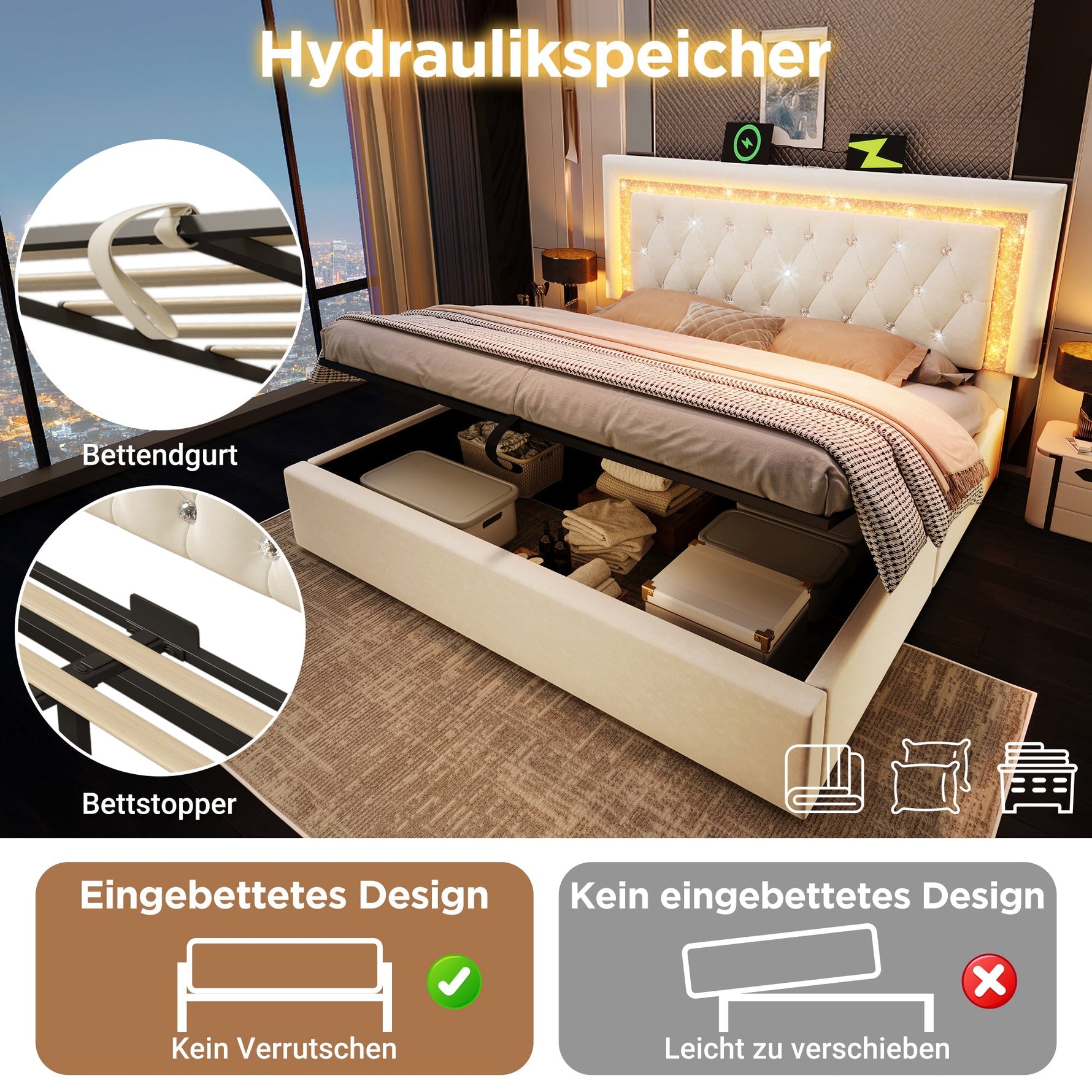 Upholstered Bed with LED Diamond Strip, USB Charging and Hydraulic Storage, Beige Velvet