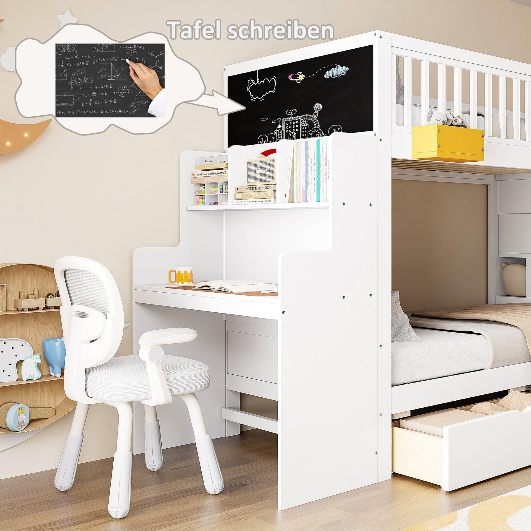 Bunk Bed with Storage Drawers, Safety Stairs, Desk and Star Motif, 90x200cm Solid Pine Wood, White