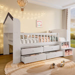 Mid-Height House Bed with Window, 4 Drawers and LED Light Strip, White