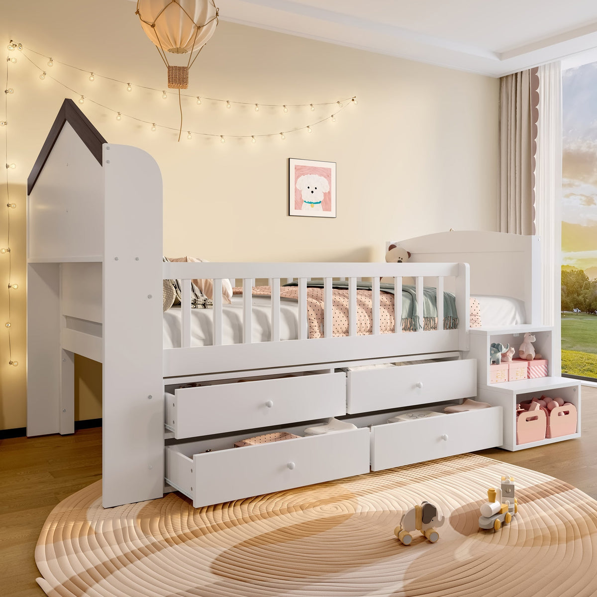 Mid-Height House Bed with Window, 4 Drawers and LED Light Strip, White