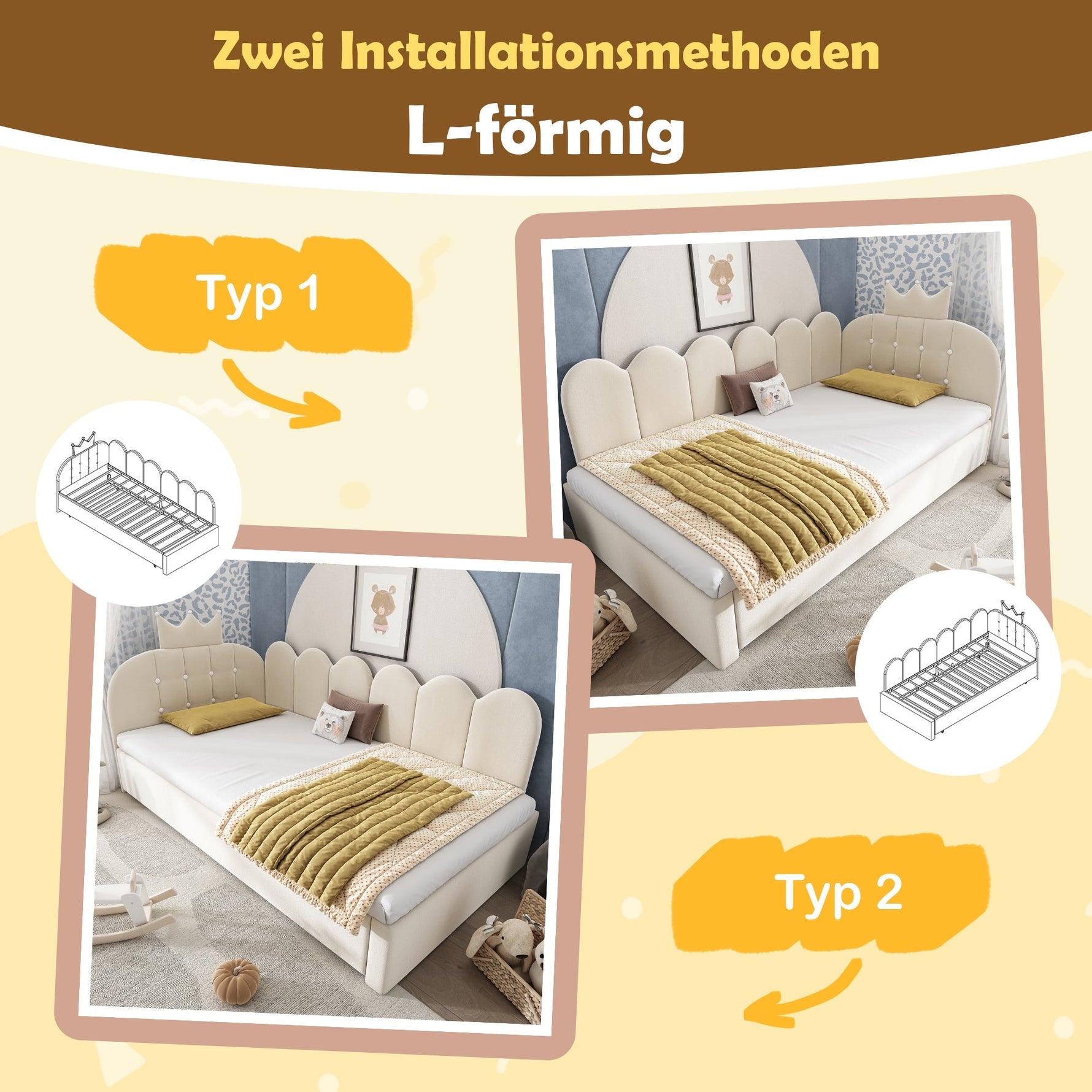 L-Shaped Sofa Bed with Pull-out Bed, Crown Lattice Design, 90x200cm, Beige Velvet