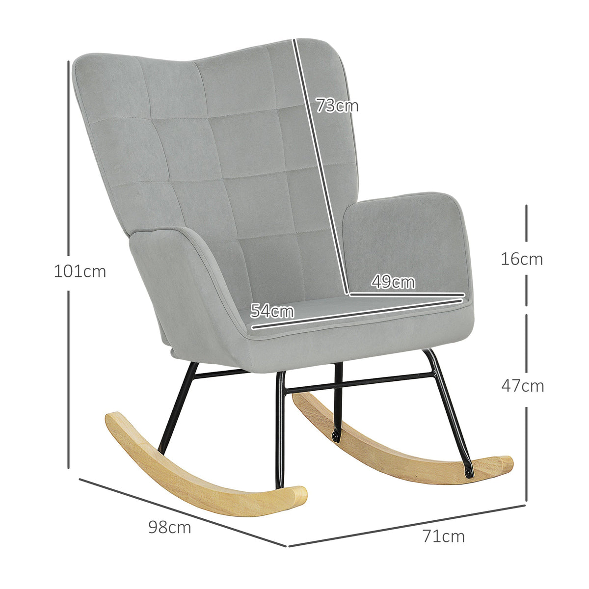 Rocking Chair, Armrests Wooden Base, Light Gray