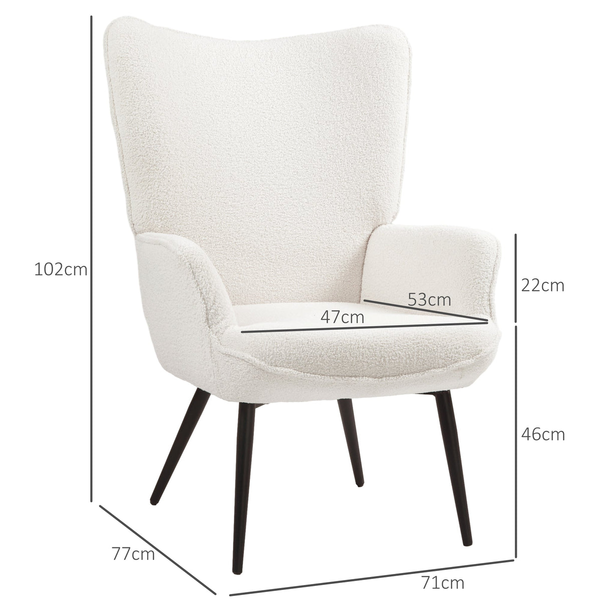Wingback Chair, Recliner with Armrests and Metal Legs, Cream White