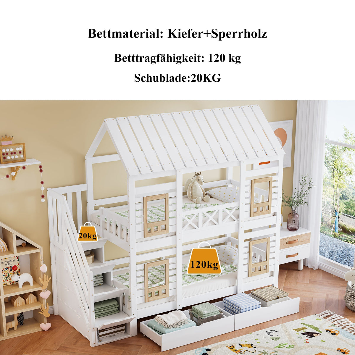 Bunk Bed Children's 90x200cm Safety Rail Storage Drawers Stairs, Pine+MDF White/Natural
