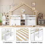 Children's Mid-Sleeper House Bed with Stairs, Storage Lockers, 90x200cm, Pine+MDF White/Natural