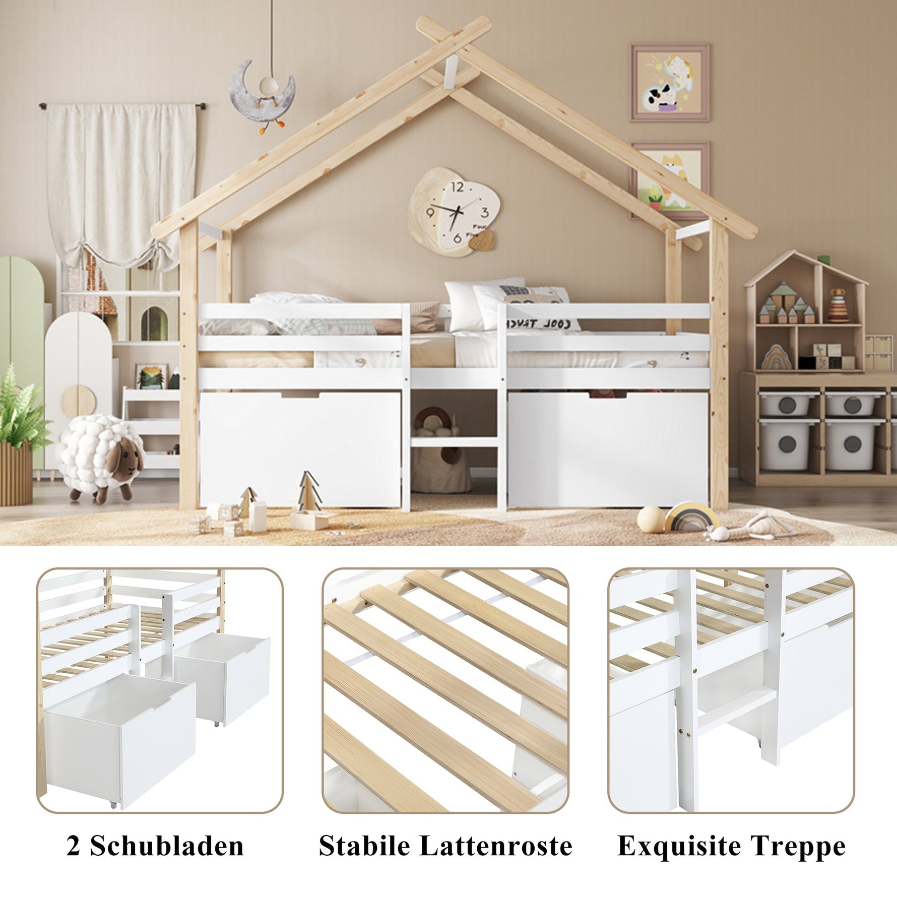Children's Mid-Sleeper House Bed with Stairs, Storage Lockers, 90x200cm, Pine+MDF White/Natural