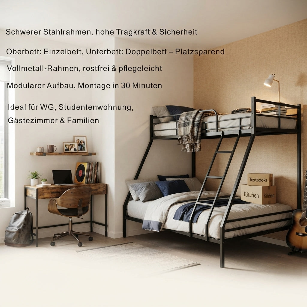 Space-Saving Bed Frame with Two Sleeping Places, Metal