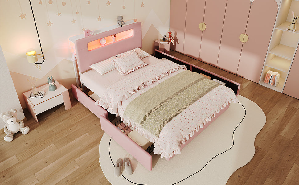 Children's Upholstered Bed 140x200cm with 4 Drawers & LED, Pink