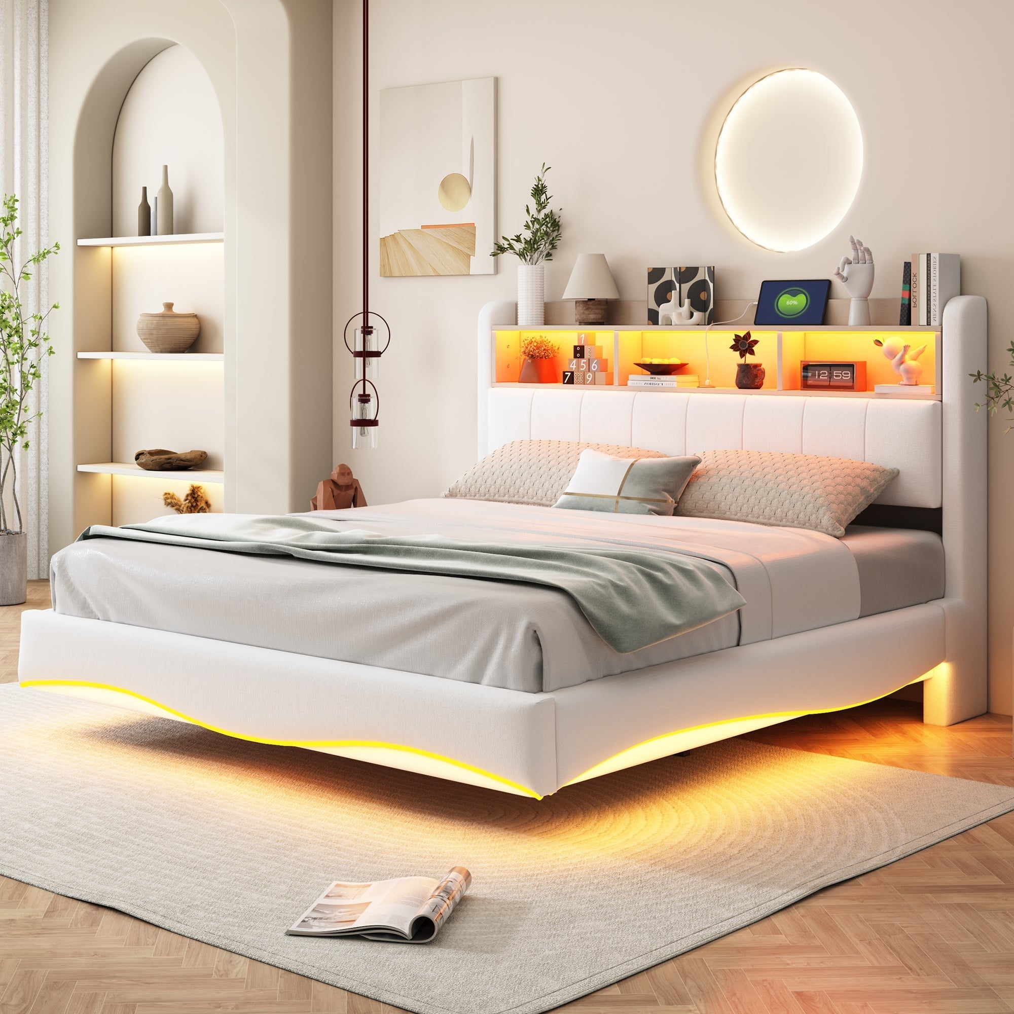 Upholstered Bed, 160*200, Multifunctional Storage, LED Light, USB and Type-C Interface, Beige Linen Fabric