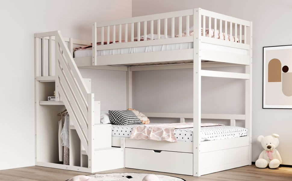 Bunk Bed, 90x200 cm, High Safety Rail, Storage Ladder & Drawers, Solid Wood, White