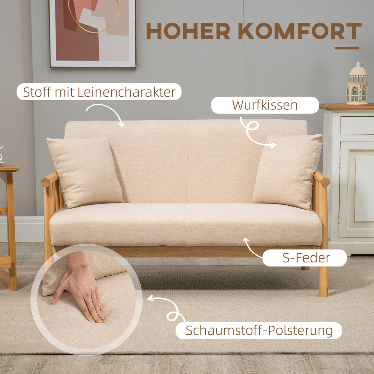2-Seater Sofa - Upholstered Lumbar Cushions Wooden Frame Small Spaces - Linen Look Beige
