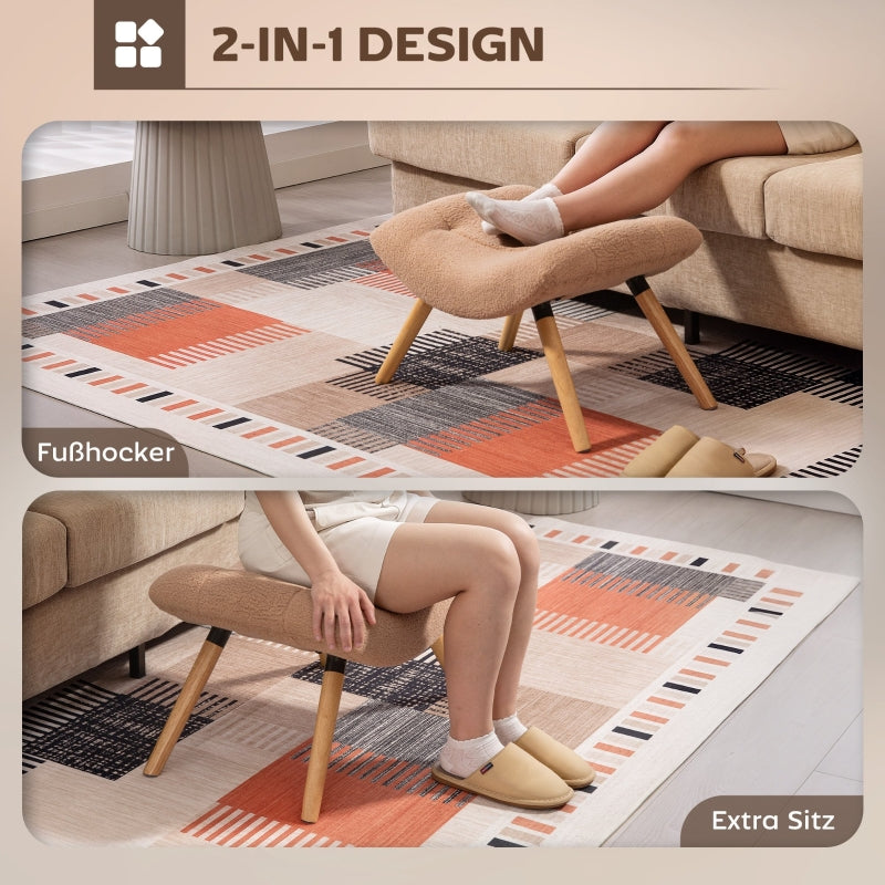 Footstool, Upholstered with Wooden Legs, Fleece, Brown