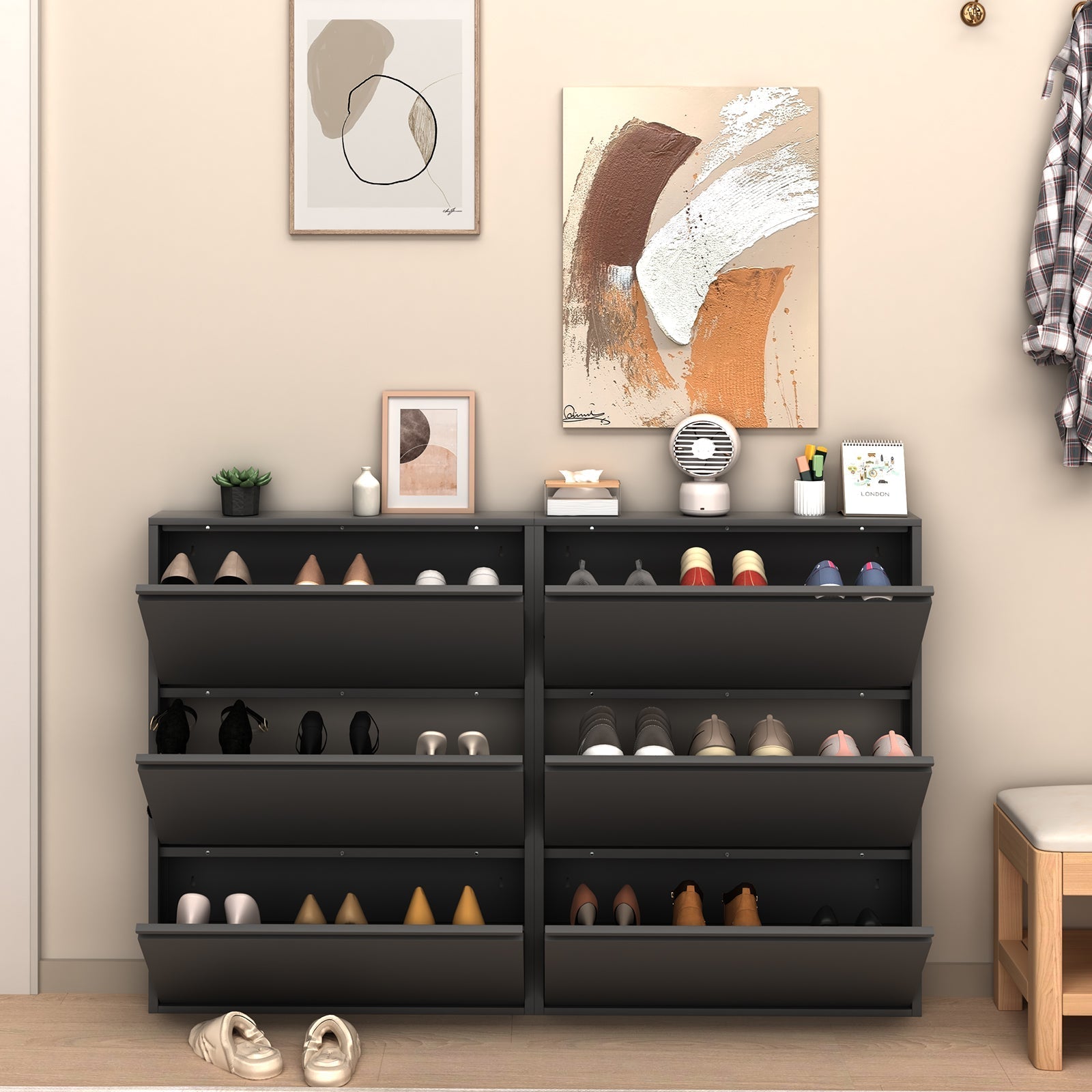 Metal Shoe Cabinet with 3 Flip Drawers and Wall Mount for Entryway, Black Metal