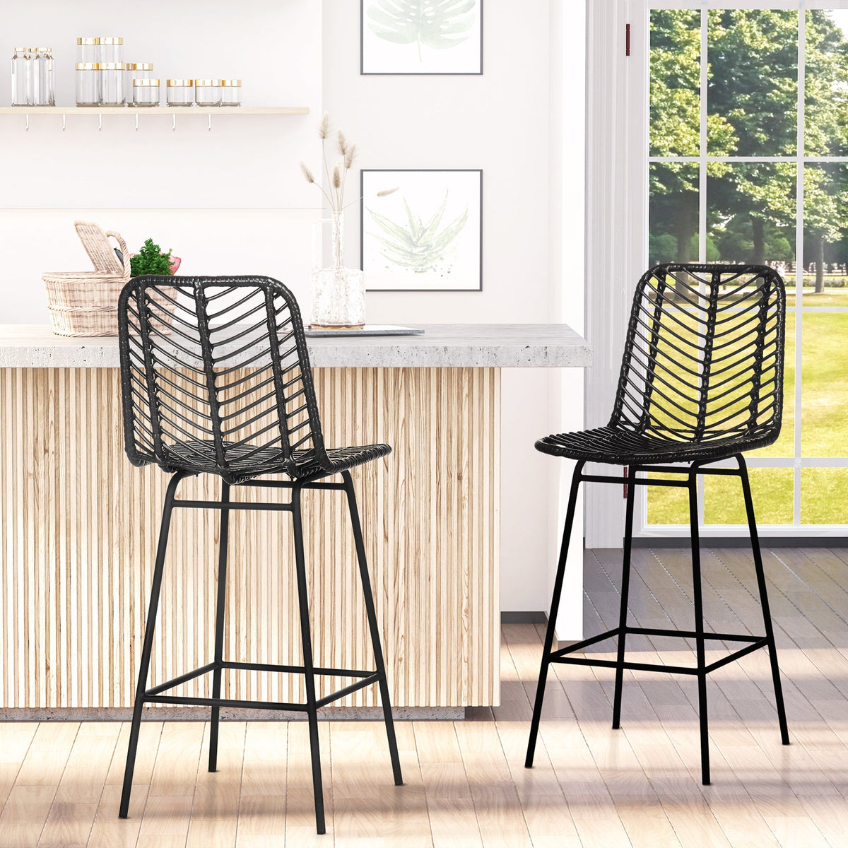Bar Stools, Set of 2, Footrest, Bistro, Steel Black