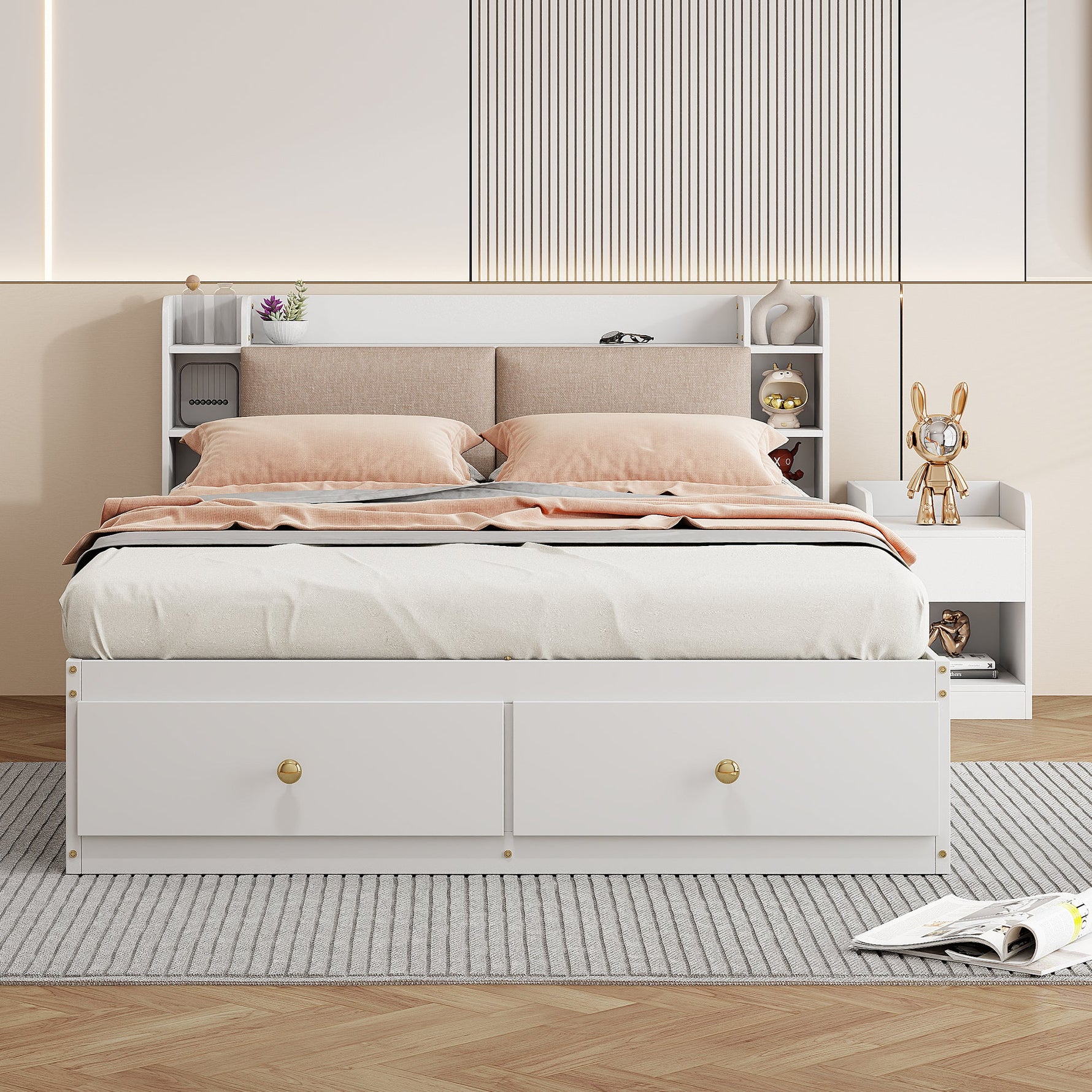 Solid Wood Combination Bed 140x200cm, Storage Headboard, Drawers, Nightstand, Wardrobe, Sofa Bench, White