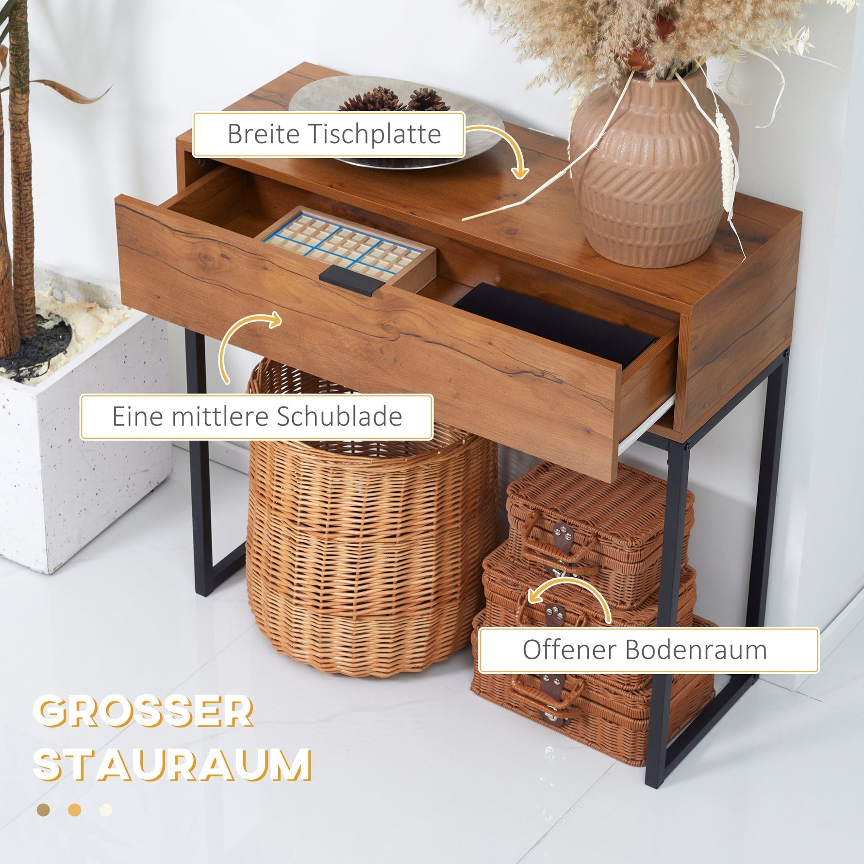 Console Table with Drawer, Sofa Hallway Side Table 80x30x76cm, Natural Wood/Steel