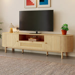 Modern TV Cabinet, Rattan Drawers Open Compartments Rounded Top, Wood Look Metal Legs