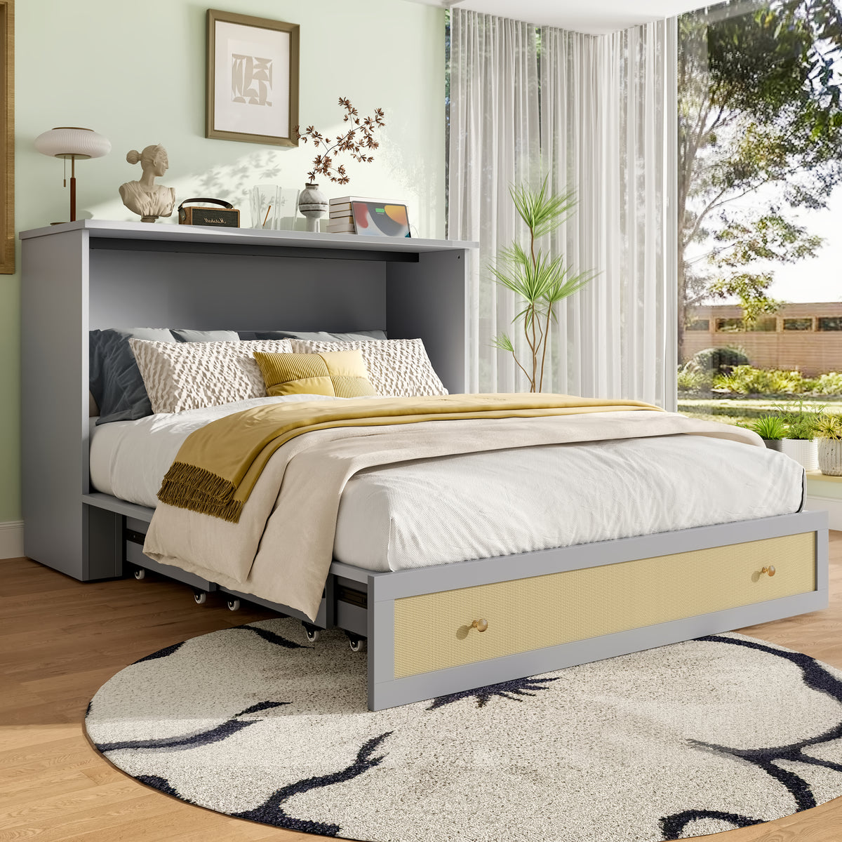 Mobile Wall Bed 140x200cm with Drawers & USB, Grey