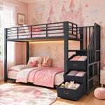 Metal Bunk Bed 90x200cm with Stairs, Storage & LED, Black