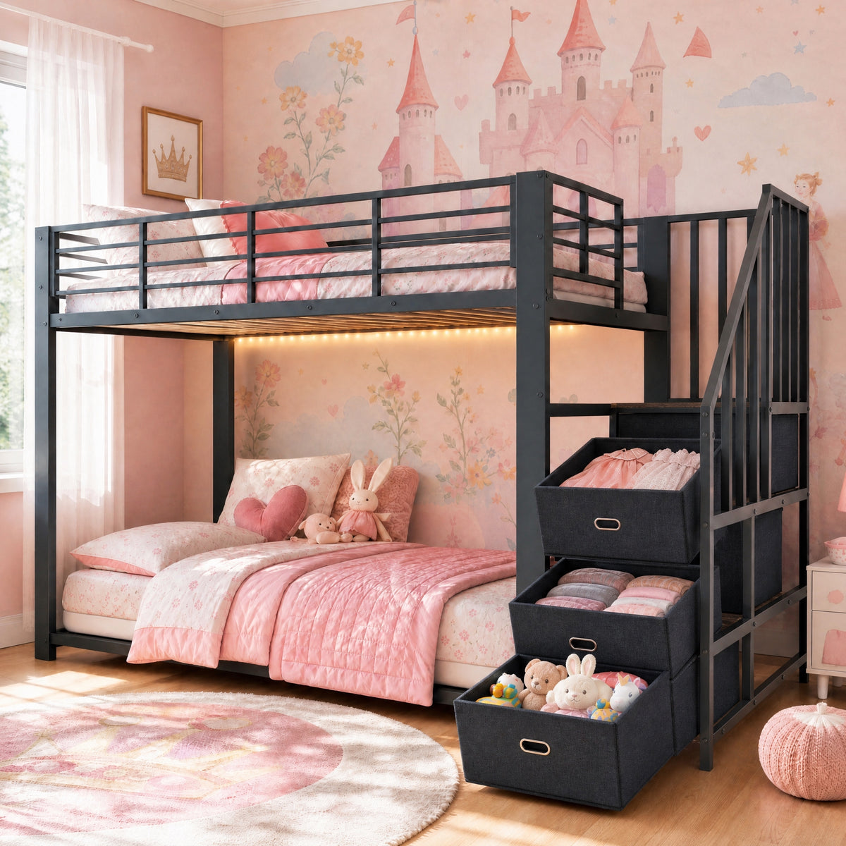 Metal Bunk Bed 90x200cm with Stairs, Storage & LED, Black