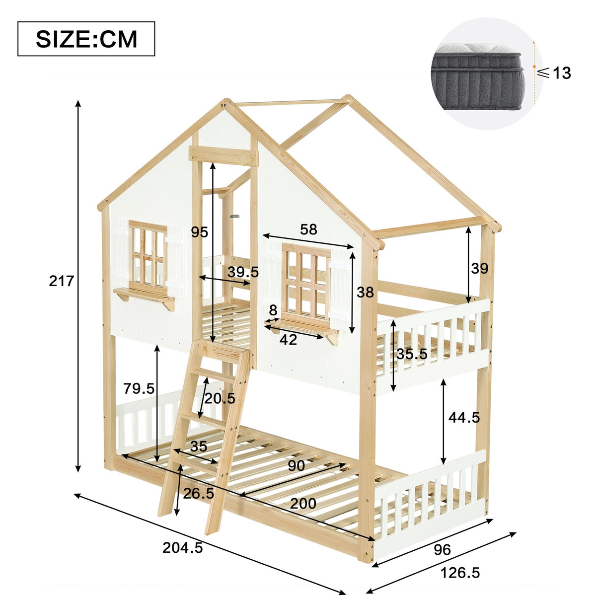 Bunk Bed, Children's with Windows & Roof, Safety Rails, Pine & MDF, White & Natural, 90x200cm