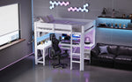 Gaming Loft Bed with Desk, LED Lighting and Charging Station, White Wood