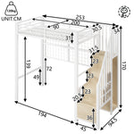 Loft Bed 90x200cm with Storage Ladder & LED Lights, White Iron Frame