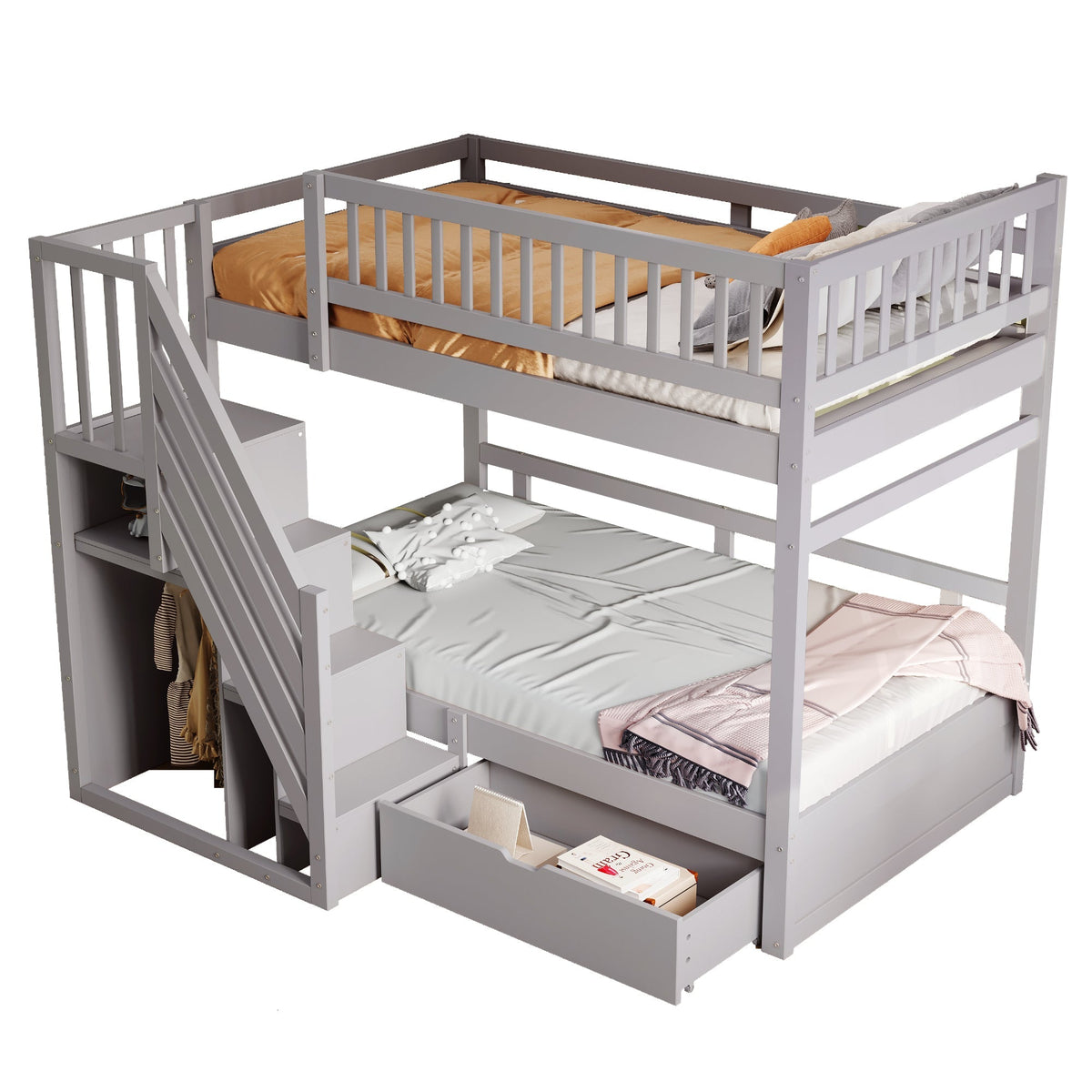 Bunk Bed, 90*200cm, High Safety Rail, Slatted Frame, Storage Ladder & Drawers, Solid Wood Grey