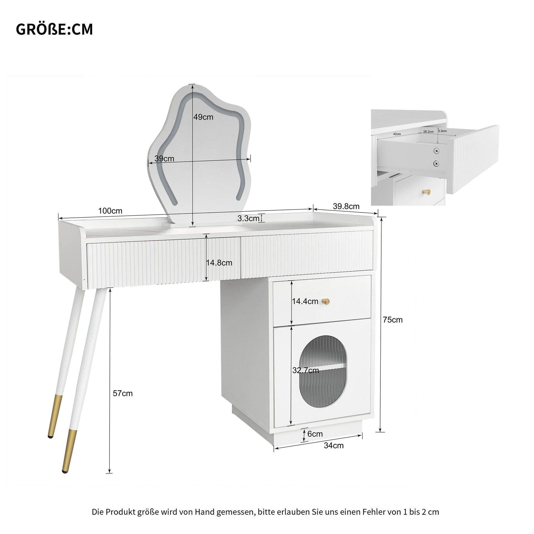Dressing table with LED mirror and lighting, 3 drawers 1 door, white