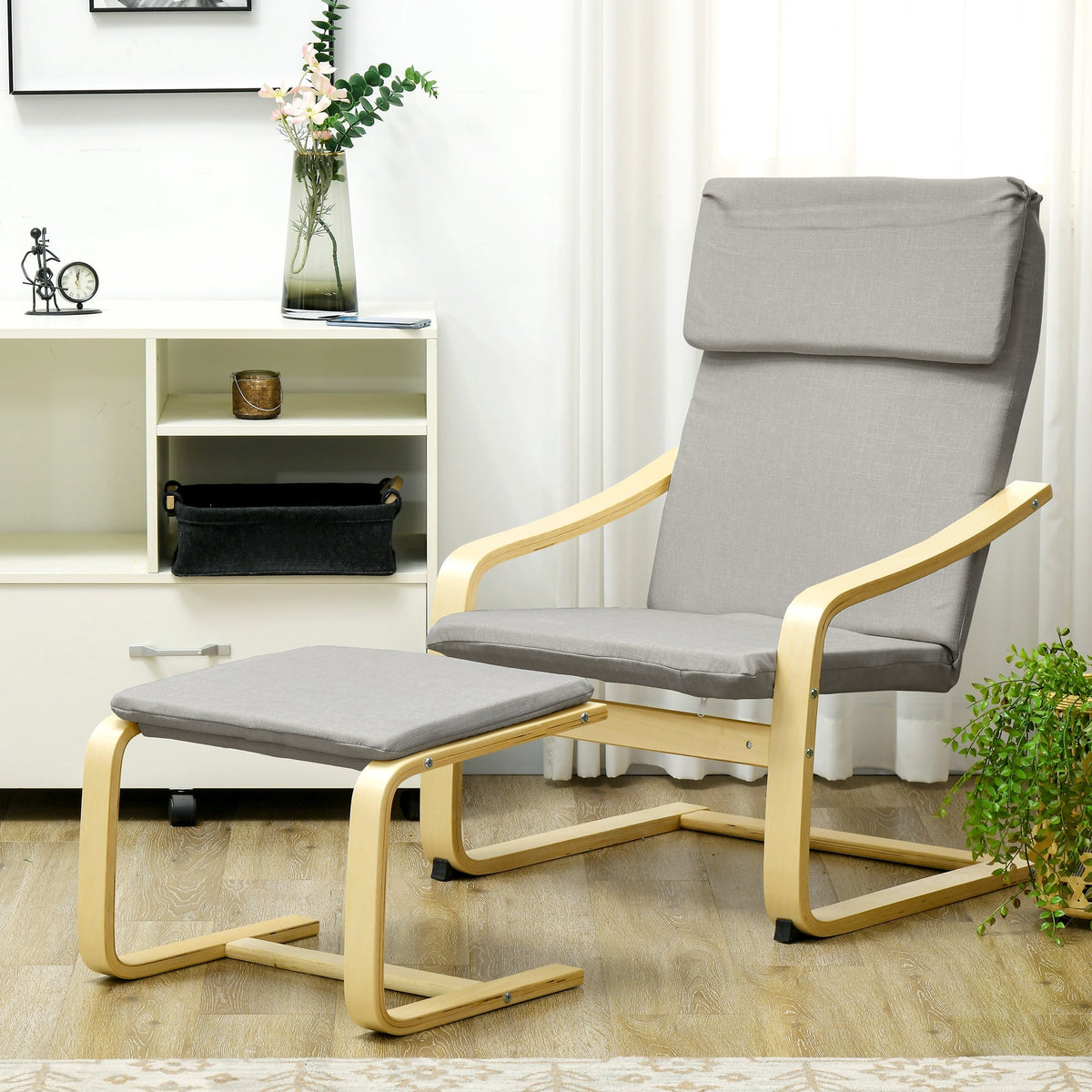 Lounge Chairs Set of 2 with Footstool, Armrest, Headrest, Light Grey Linen