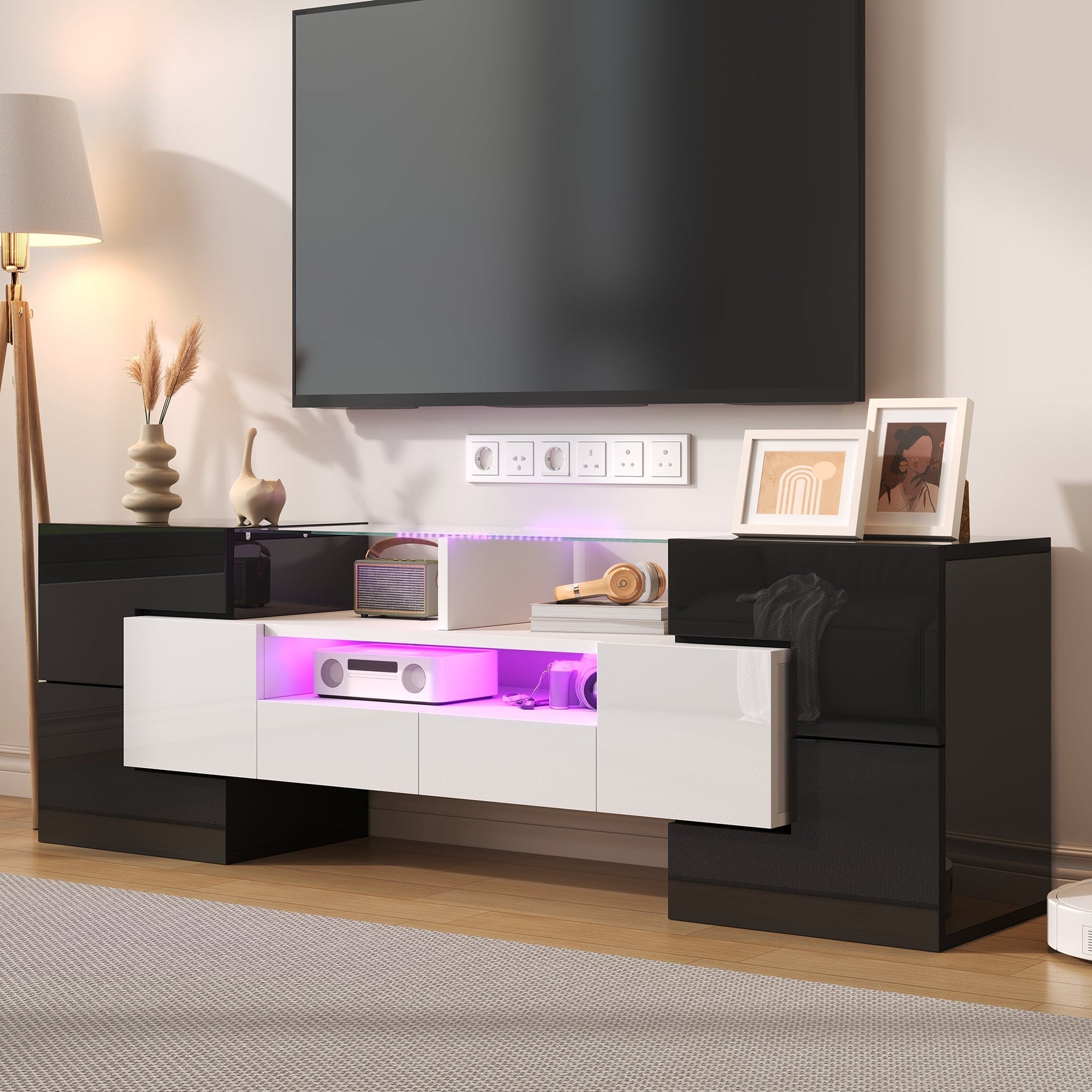 Stylish TV Cabinet Lowboard 145cm LED High-Gloss White