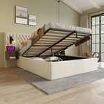 Bedroom Complete Set, Upholstered Hydraulic Storage Double Bed with 2 Bedside Tables & USB Reading Light, Beige Velvet