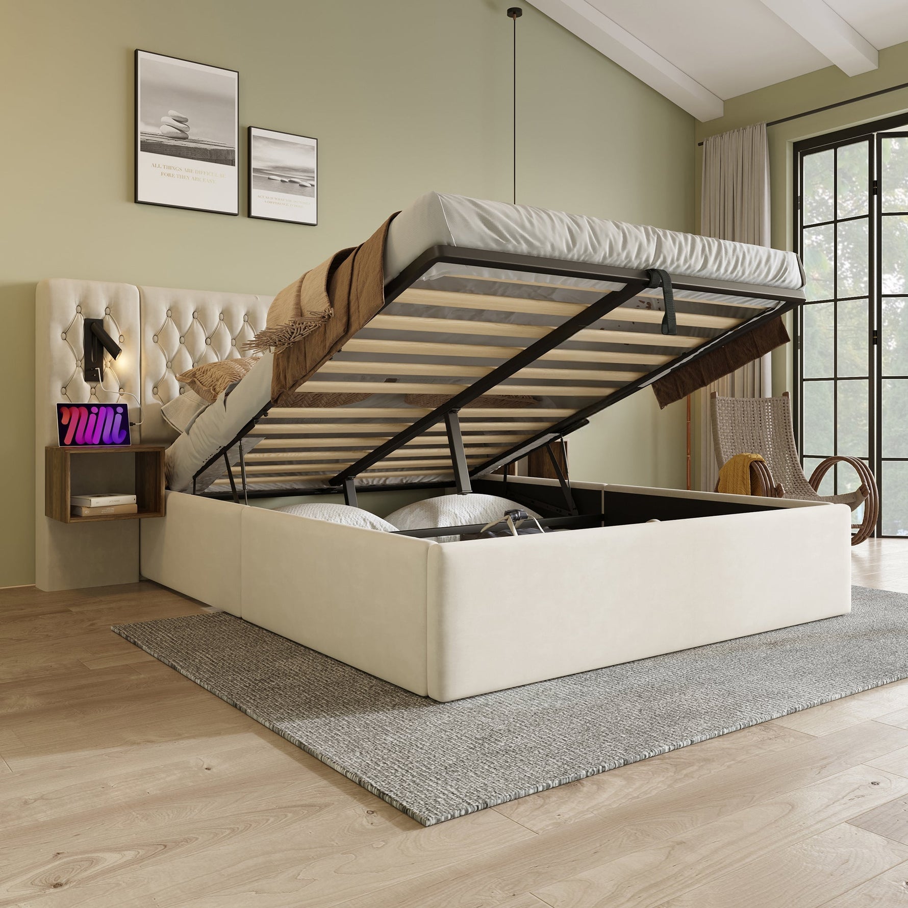 Bedroom Complete Set, Upholstered Hydraulic Storage Double Bed with 2 Bedside Tables & USB Reading Light, Beige Velvet