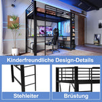 Loft Bed 90x200cm with Desk, Drying Rack, Storage, USB/Type-C & LED - Black Iron Frame