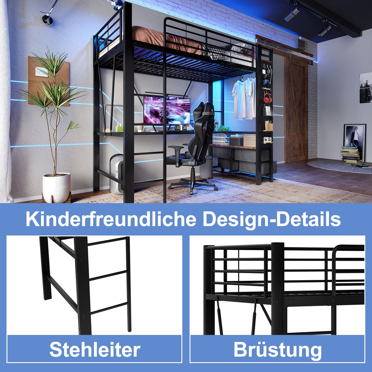 Loft Bed 90x200cm with Desk, Drying Rack, Storage, USB/Type-C & LED - Black Iron Frame