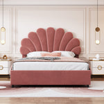 Upholstered Bed, 140x200cm, Floral Headboard, Hydraulic Storage, Pink Velvet