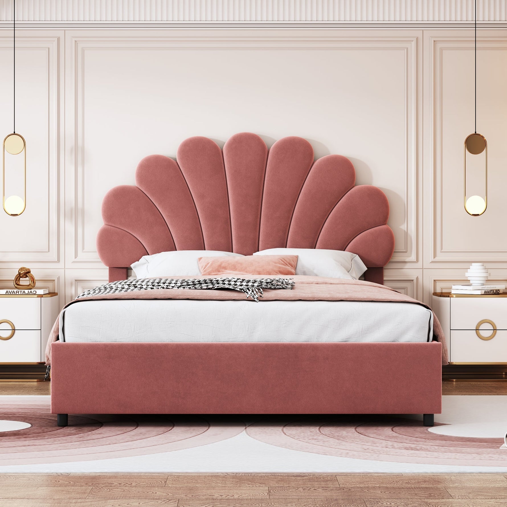 Upholstered Bed, 140x200cm, Floral Headboard, Hydraulic Storage, Pink Velvet
